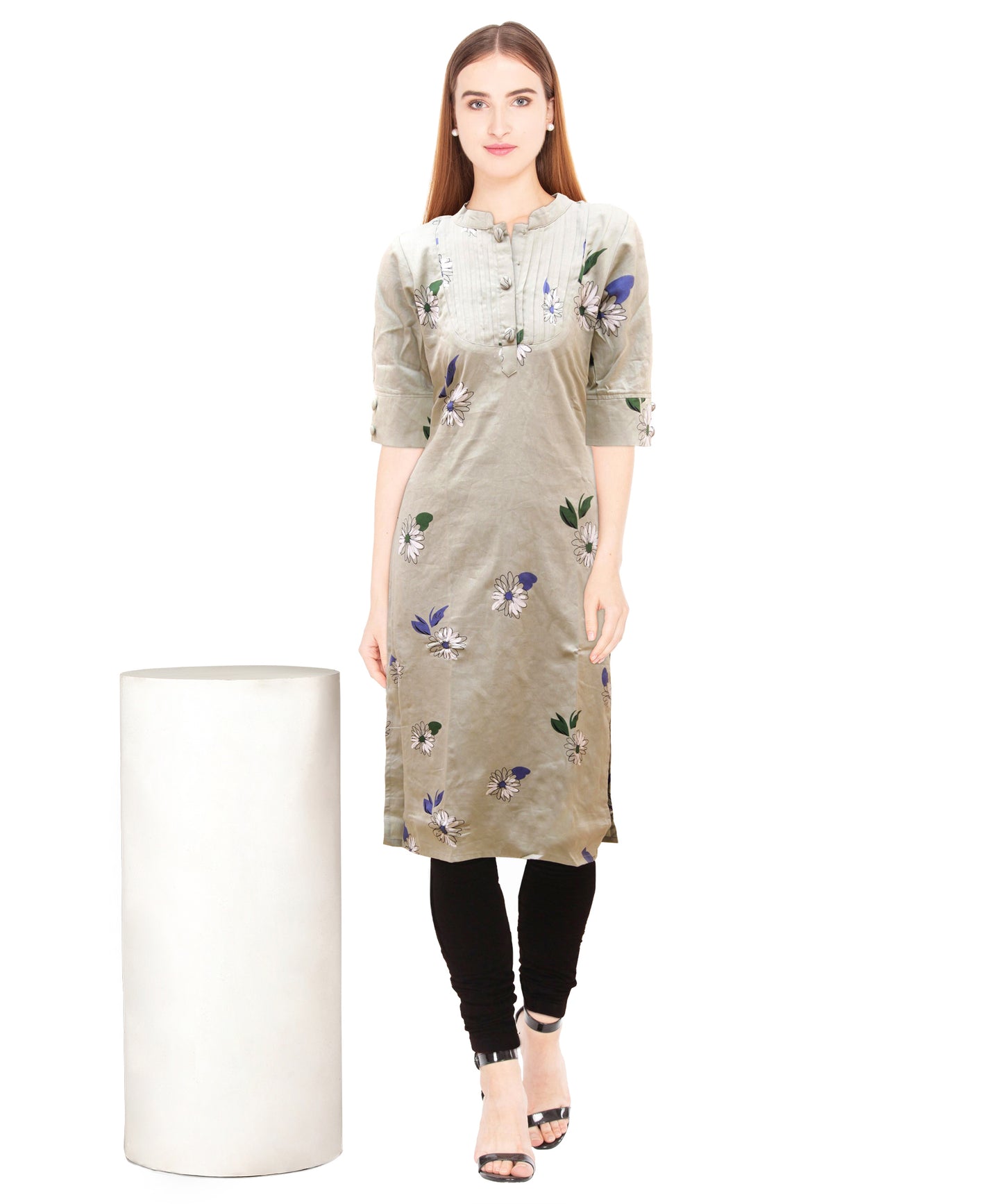 Grey & Green Floral Print Straight Cotton Kurta | S3k138