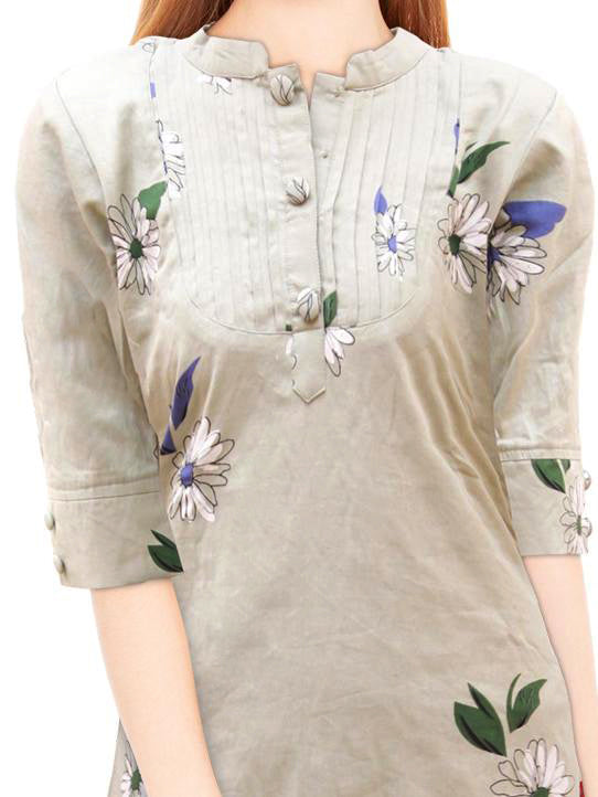 Grey & Green Floral Print Straight Cotton Kurta | S3k138