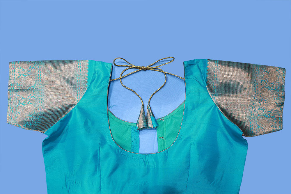 Blue Round Neck Pattu Blouse | S3B47