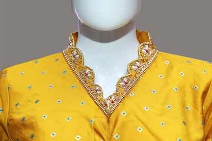 Half Circle High V Neck Yellow Maggam Work Blouse | S3MB54