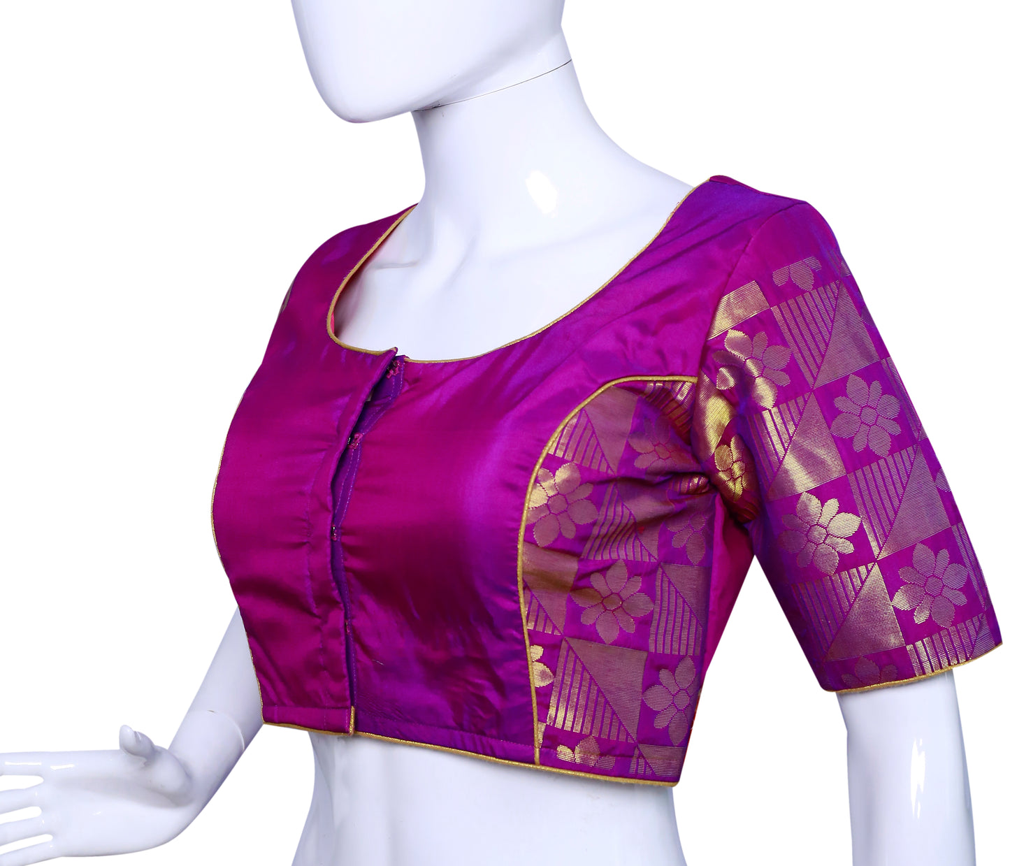 Broad Round neck Magenta Pink with Violet Butta princess Cut Blouse | S3B26