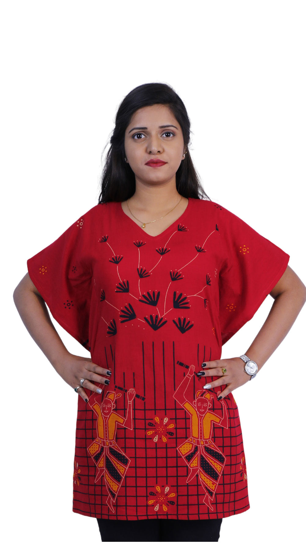 Cotton Printed Red Short Kaftan | S3K609