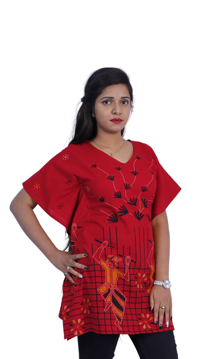 Cotton Printed Red Short Kaftan | S3K609