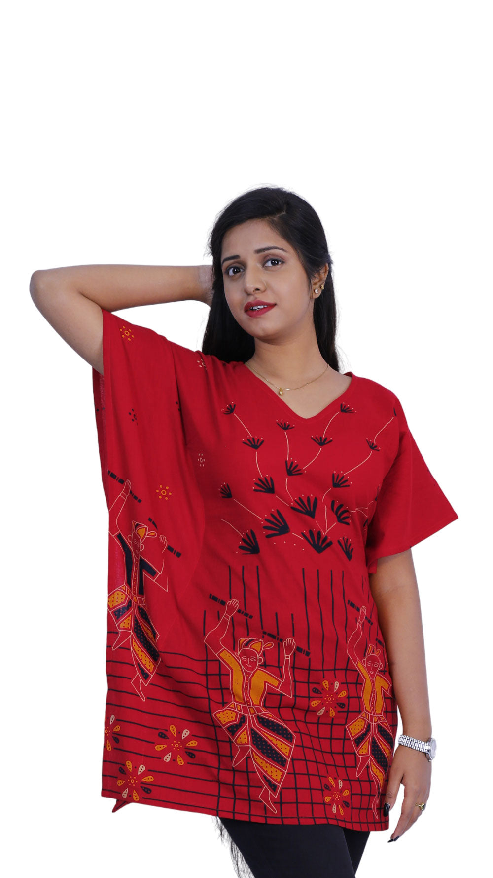 Cotton Printed Red Short Kaftan | S3K609