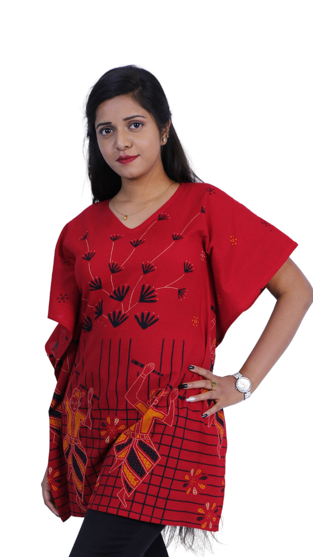 Cotton Printed Red Short Kaftan | S3K609
