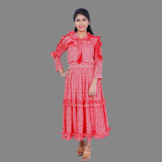 Flamingo Pink Tiered Maxi Dress With Shrug Set | S3W133