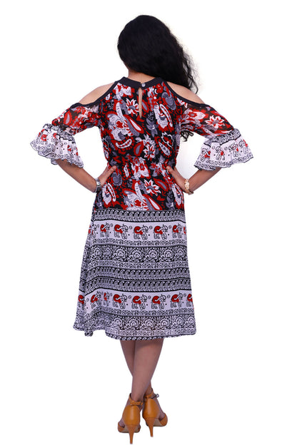 Women Fit and Flare Red, Black Dress