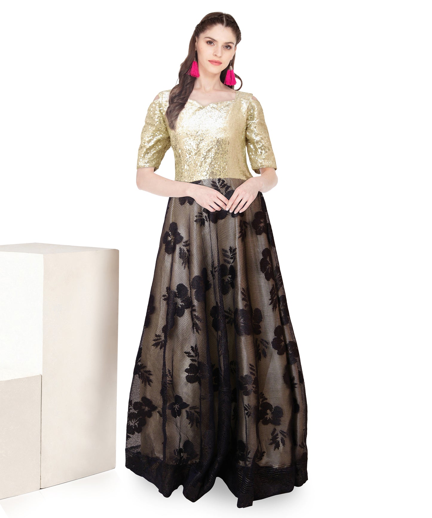 A-Line Bisque & Navy Blue Gown for Women | S3G174