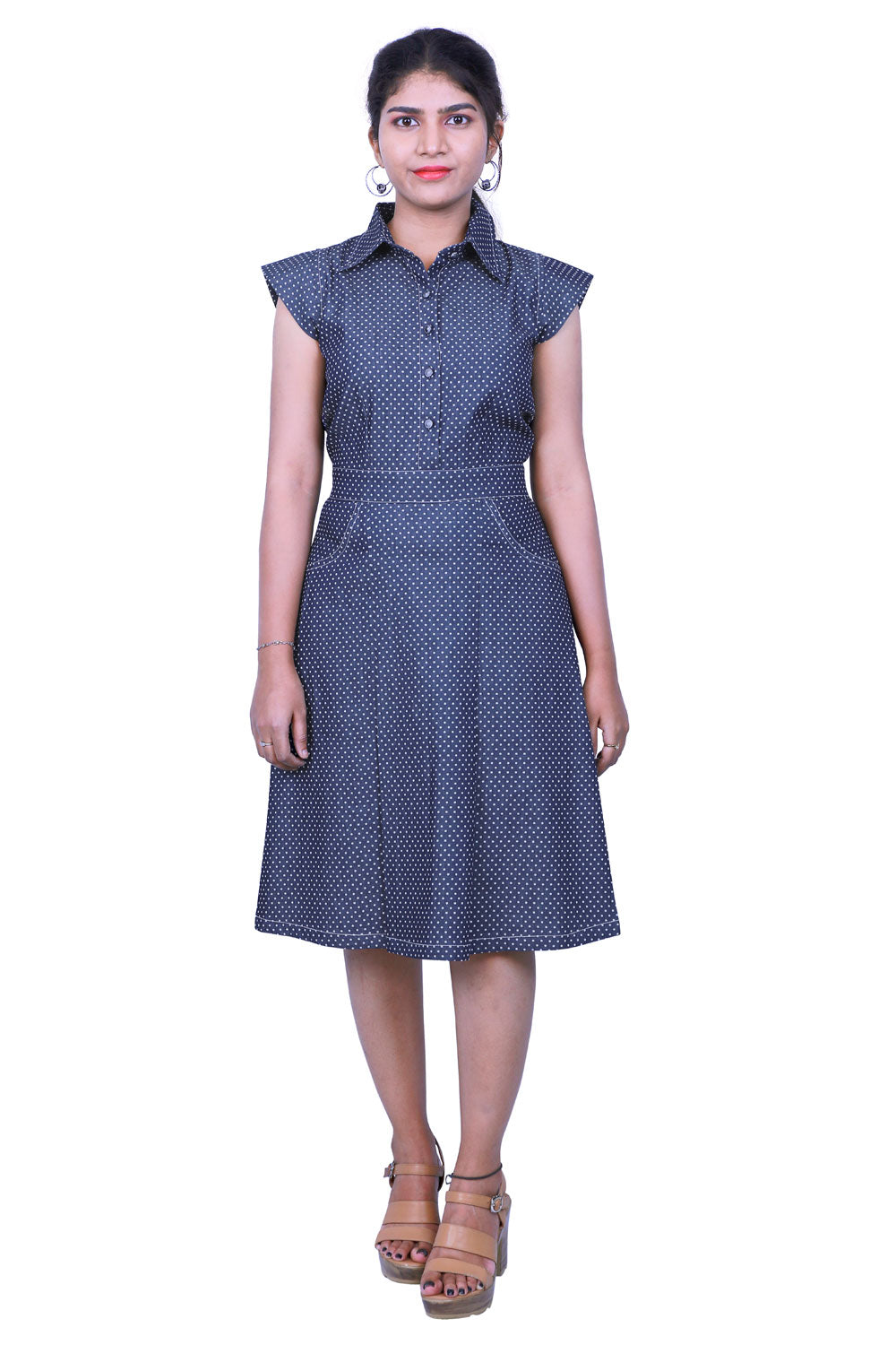 Collared A-Line Blue Dress | S3D427