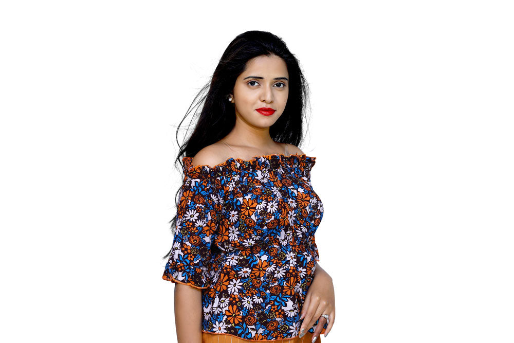 Women Party Ruffled Sleeves Floral Print Orange Top | S3CT745