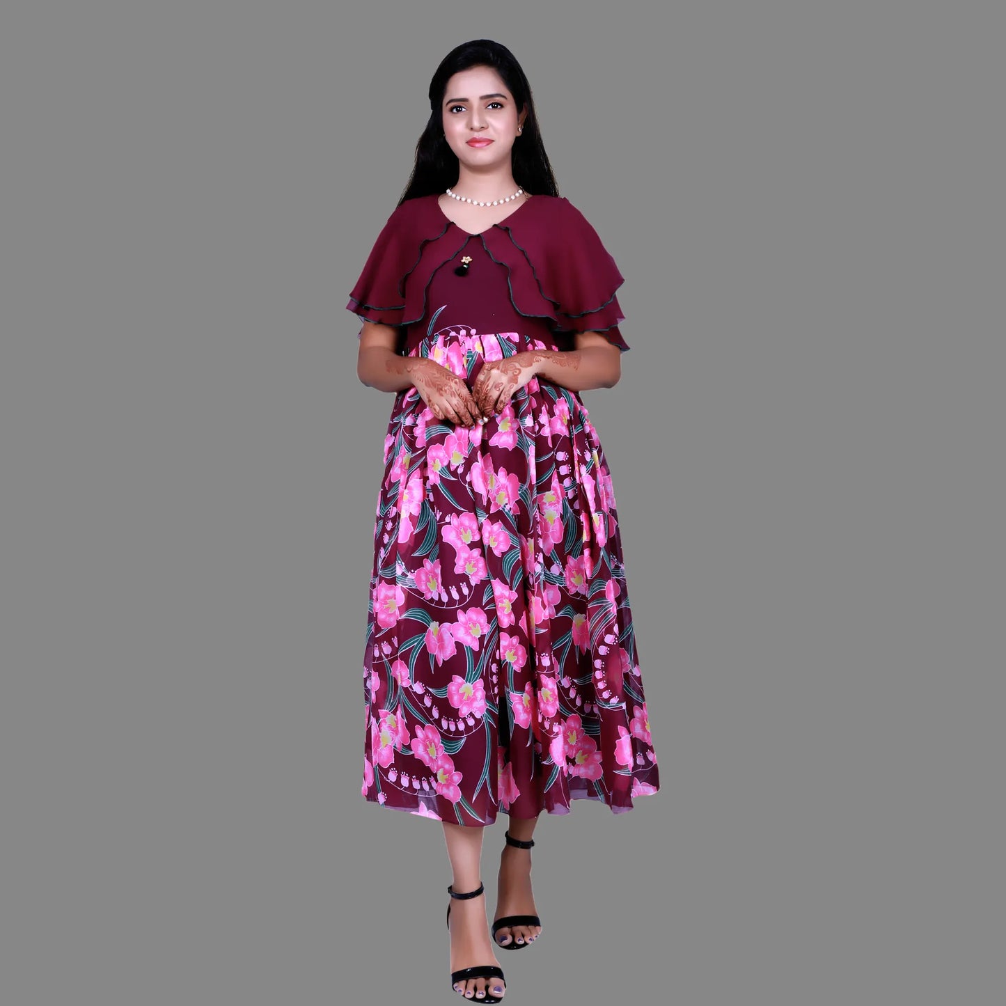 Womens Georgette Pink & Purple Floral Printed Gown | S3G887