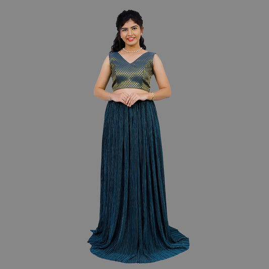 Green Crushed and Brocade Lehenga Set | SKD305