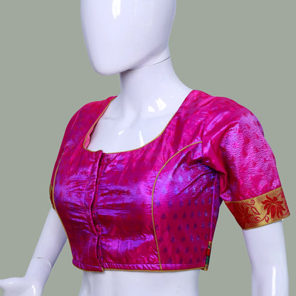 Pink Round Neck Princess Cut Pattu Blouse | S3B35