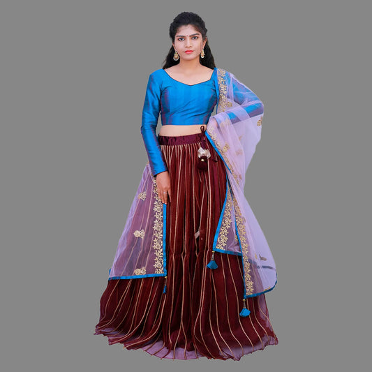 Blue & Brown Net Lehenga Choli with Dupatta | S3BLS194