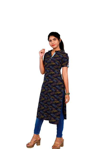 Navy Blue Leaf Printed Kurti | S3K280