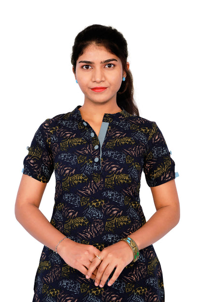 Navy Blue Leaf Printed Kurti | S3K280