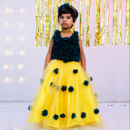 Yellow And Green Netted Frock | S3G4749