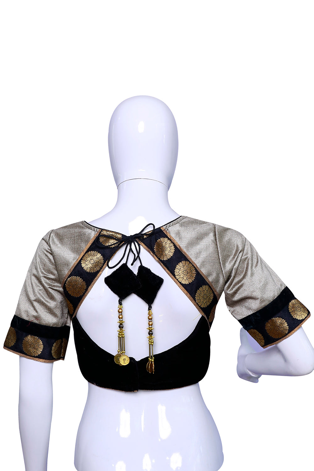 grey Broad Round Neck Princess Cut Embellished buttons with brocade patches Blouse | S3B27