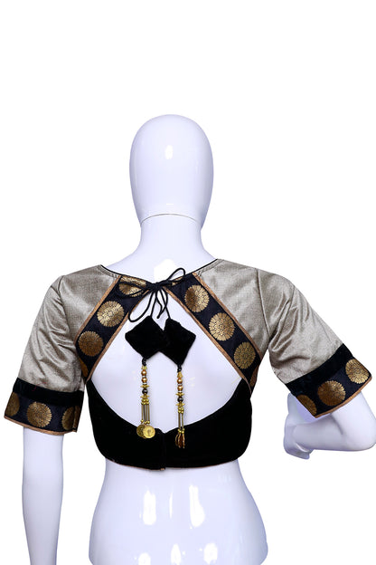 grey Broad Round Neck Princess Cut Embellished buttons with brocade patches Blouse | S3B27