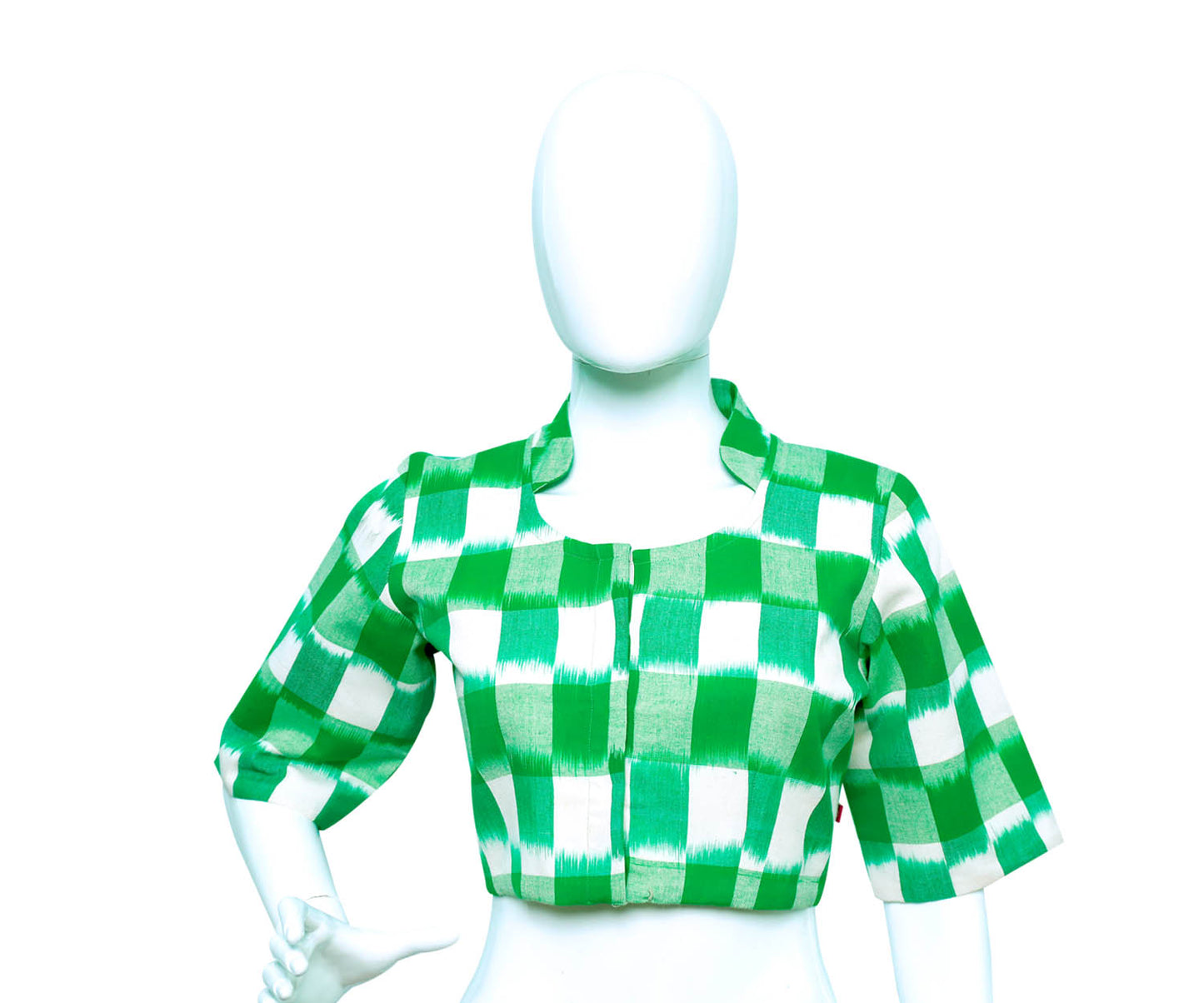 Green and White Checks Collared Neck Blouse  |S3B32