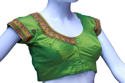 Women Solid Green Silk Round neck with maggam Embellished Blouse |  S3MB22