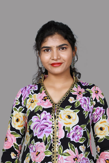 Black with Floral Print Middle Slit A Line Kurti | S3K1019