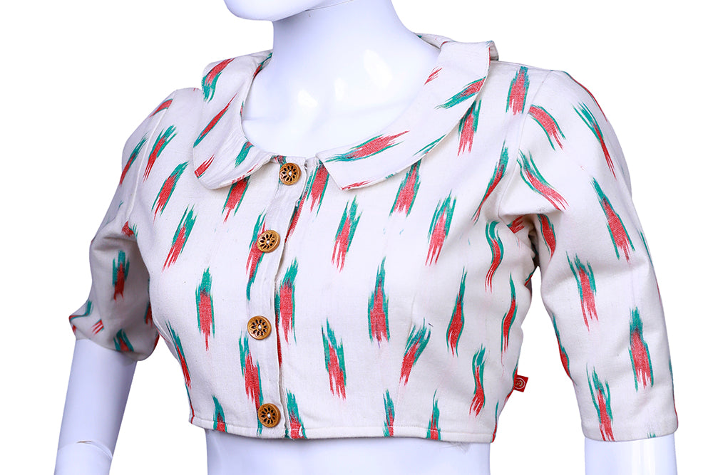 Round Collar Embellished with Wooden buttons Ikat Elbow Sleeves Blouse |  S3B24