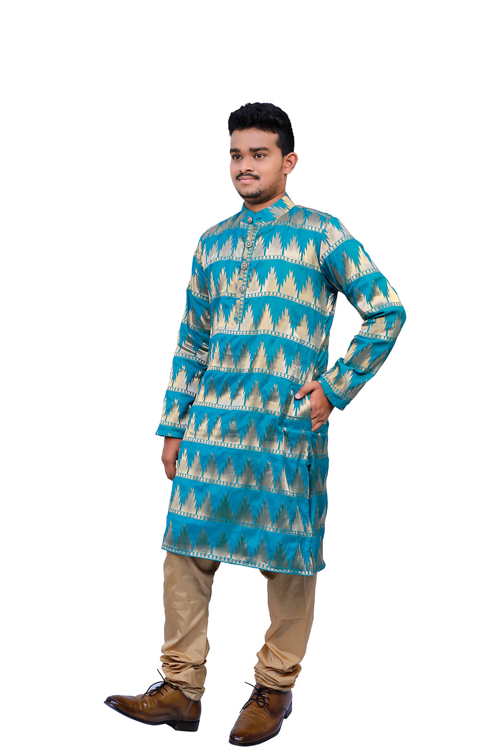Blue & Gold Printed Kurta Pyjama Set | S3MKS