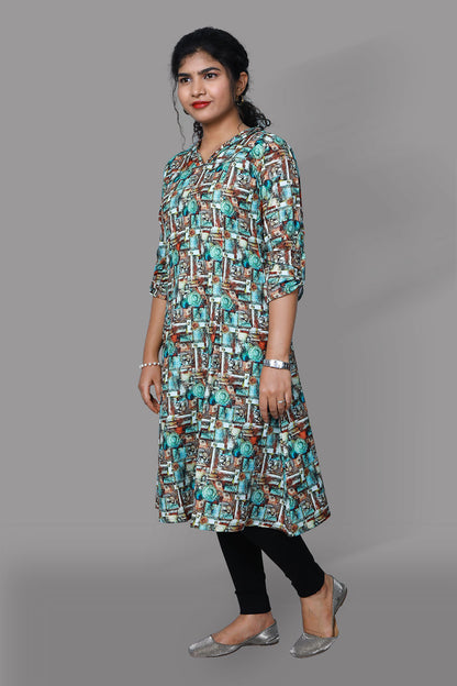 Multi Color Abstract Print A Line Kurti | S3K931