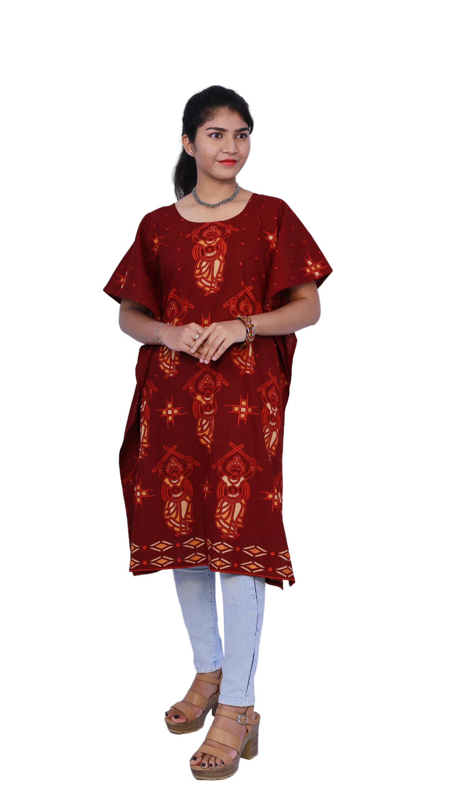 Women Maroon Kalamkari Kaftan Kurta | S3QK493