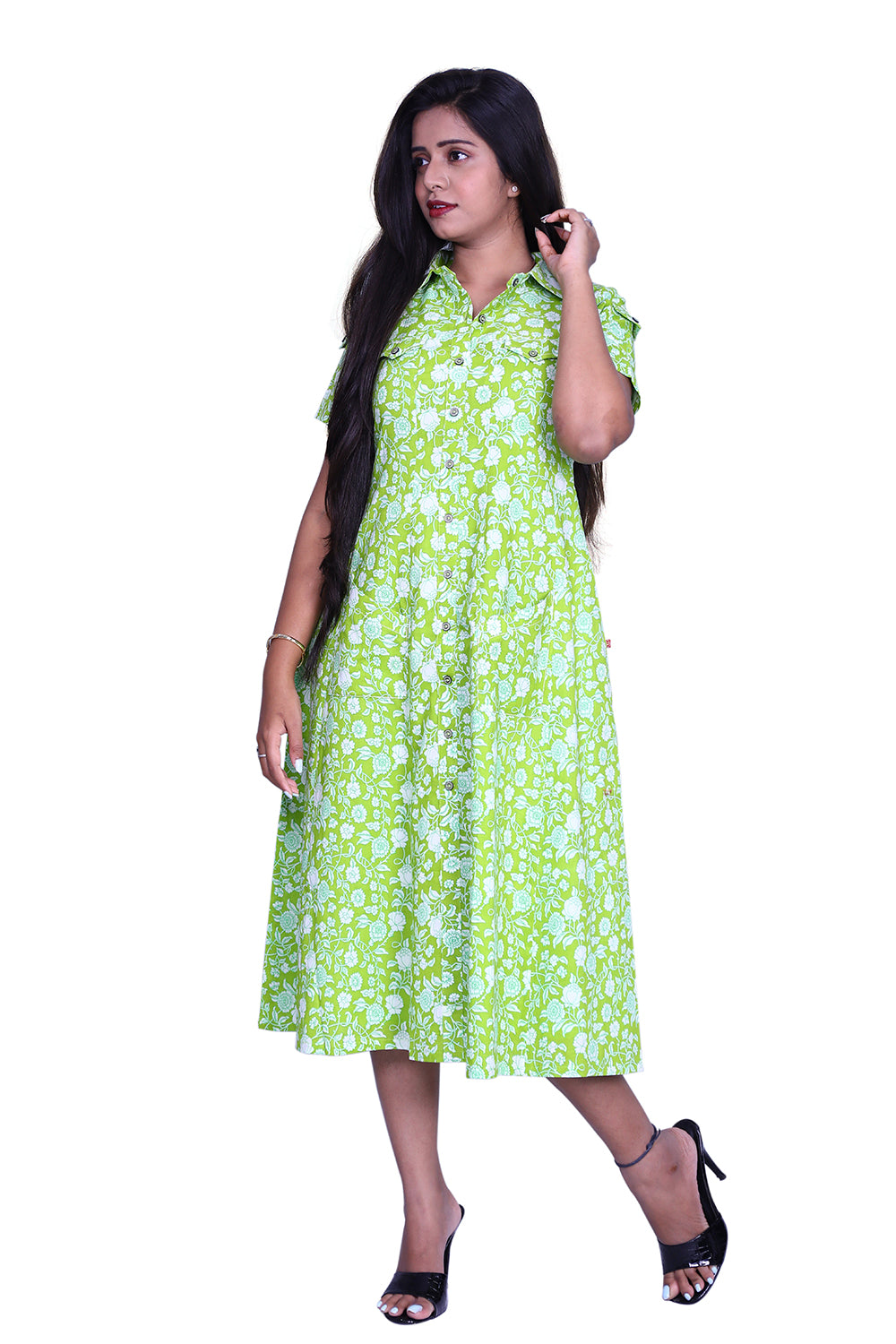 Printed Light Green Cotton Blend A-line Kurta | S3K831