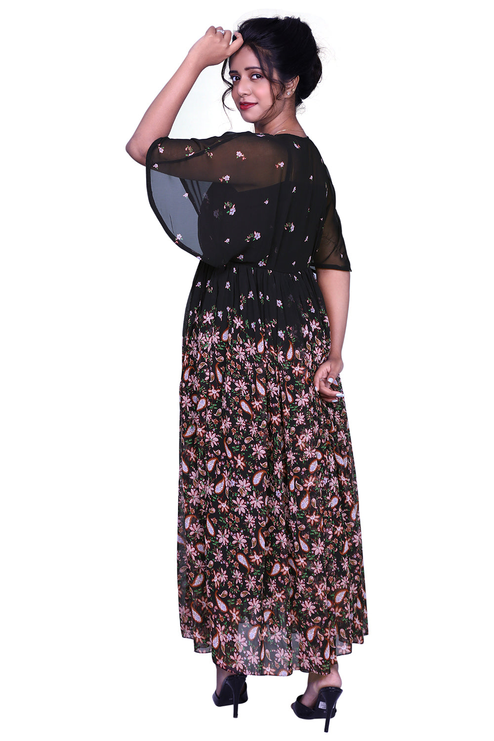 Black Floral Print Gown | S3G877