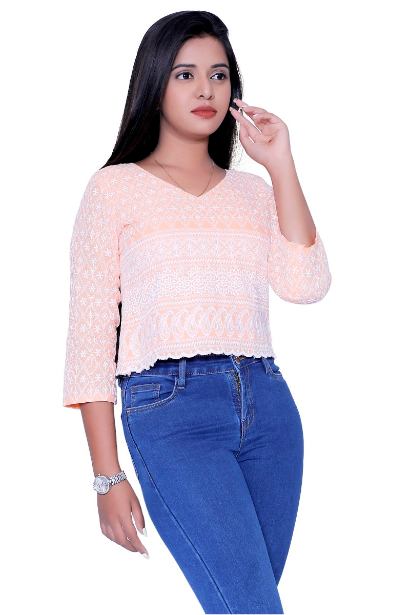 Casual Regular Sleeves Chikankari Embroidered Women Orange Top | S3CT798
