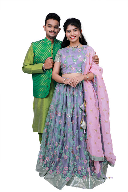 Men's Green&Gold Print Sherwani Set,Embroidery Lehenga Set Wedding Combo | S3WC2