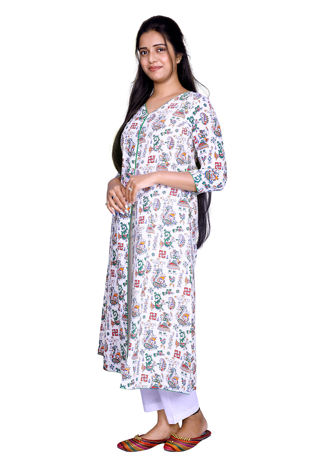 Printed Cotton White Front Slit Kurta | S3K776
