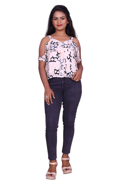 Casual Cold Shoulder Sleeves Printed Women White Top | S3T1002