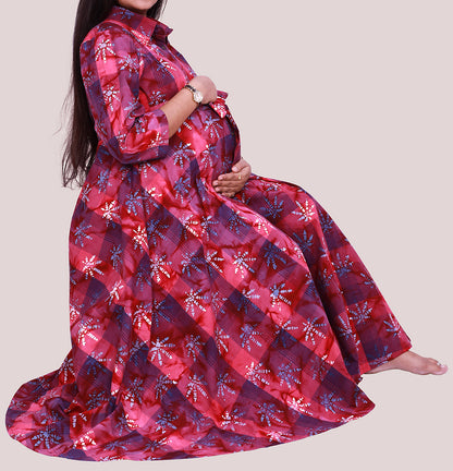Floral Printed  Maroon Maternity Dress | S3MG1034
