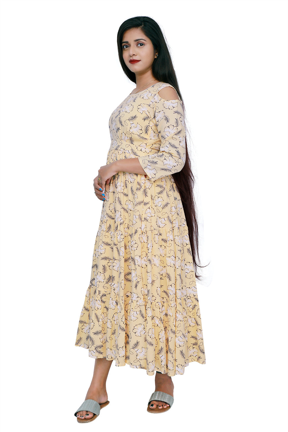 Cream Rayon Floral Printed Cold Shoulder A Line Kurta | S3D088