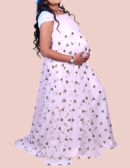 Half Shoulder  With Triangle  Sequin Detailing White  Maternity Dress. | S3MG1023