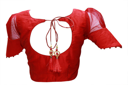 Women Red Princess Cut Regular Net Puff Sleeves Ready Made Blouse | S3B7