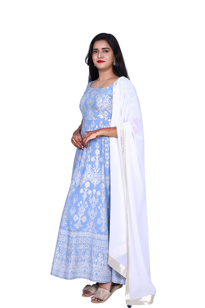 Womens Stone Blue Floral Printed Anarkali Dress with Dupatta  | S3G979