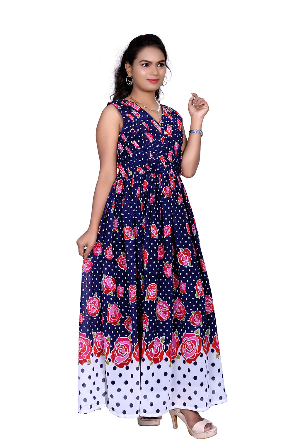 Womens Georgette Navy Blue Floral Printed Maxi | S3G934