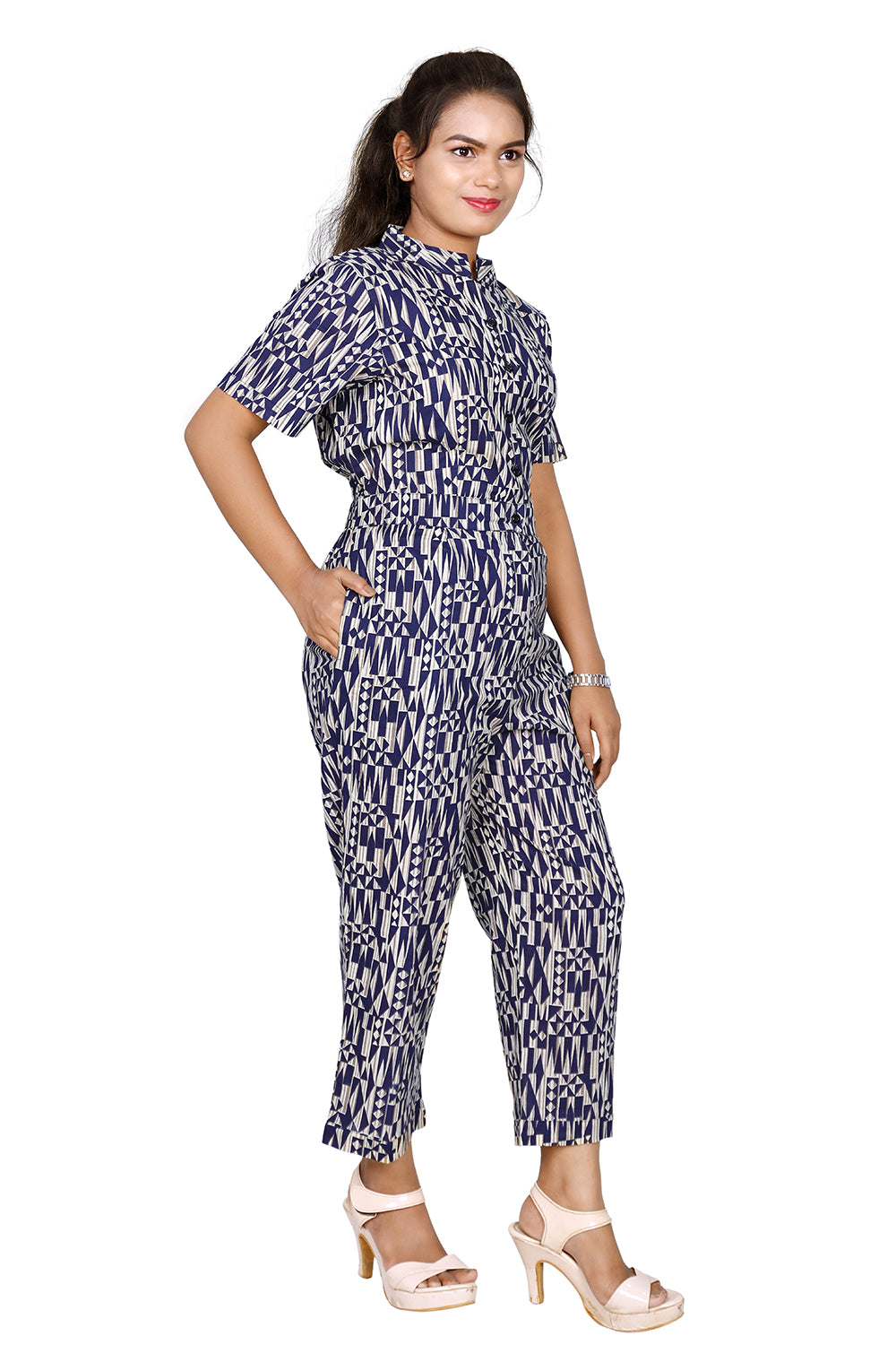 NAVY BLUE AND IVORY PRINTED JUMP SUIT | S3JS672