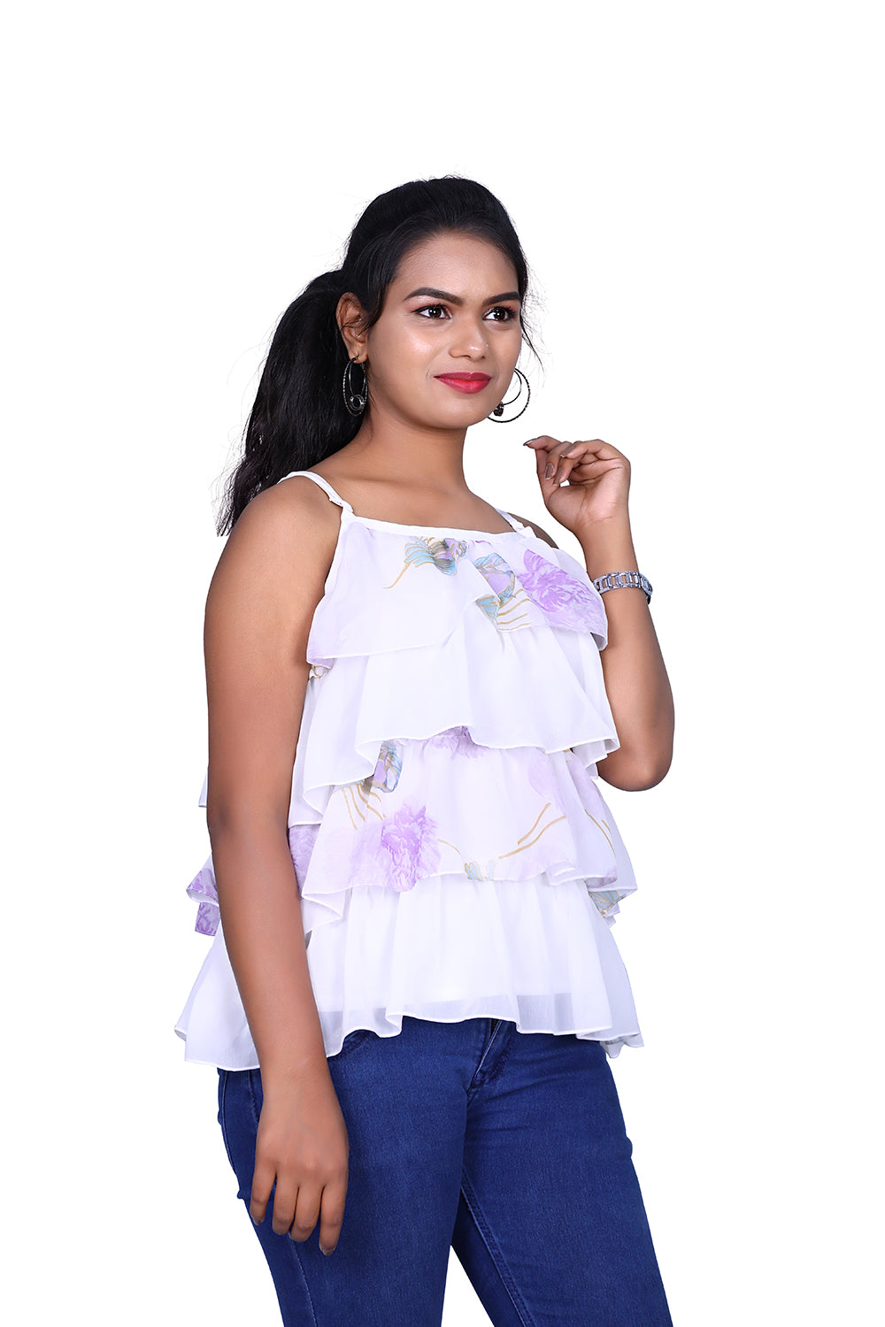 Womens Georgette White Ruffled Short Top | S3CT812