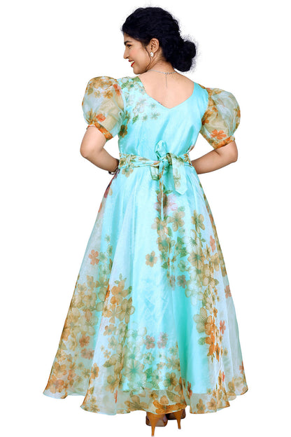 Peacock Blue Organza Floral Printed Gown | S3G843