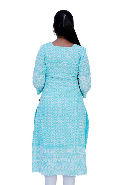 Women Chikan Embroidery A-line Kurta (blue) | S3K638
