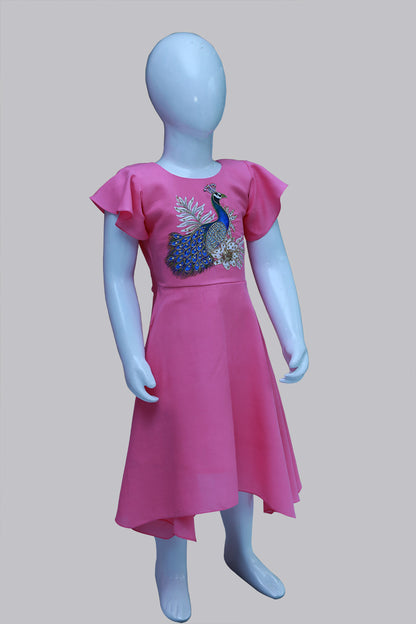 Pink Picwai Hand Printed & Maggam Work Flared Baby Girl Frock | S3GF
