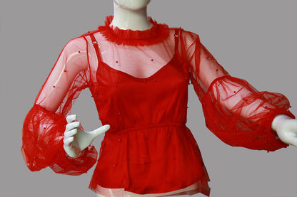 High Neck Pleated Red Net Crop Top  | S3B41