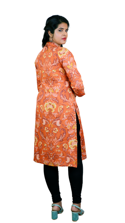 Women's Kalamkari Printed 3/4 Sleeve Plaid Mandarin Collar A-line Kurta | S3X126