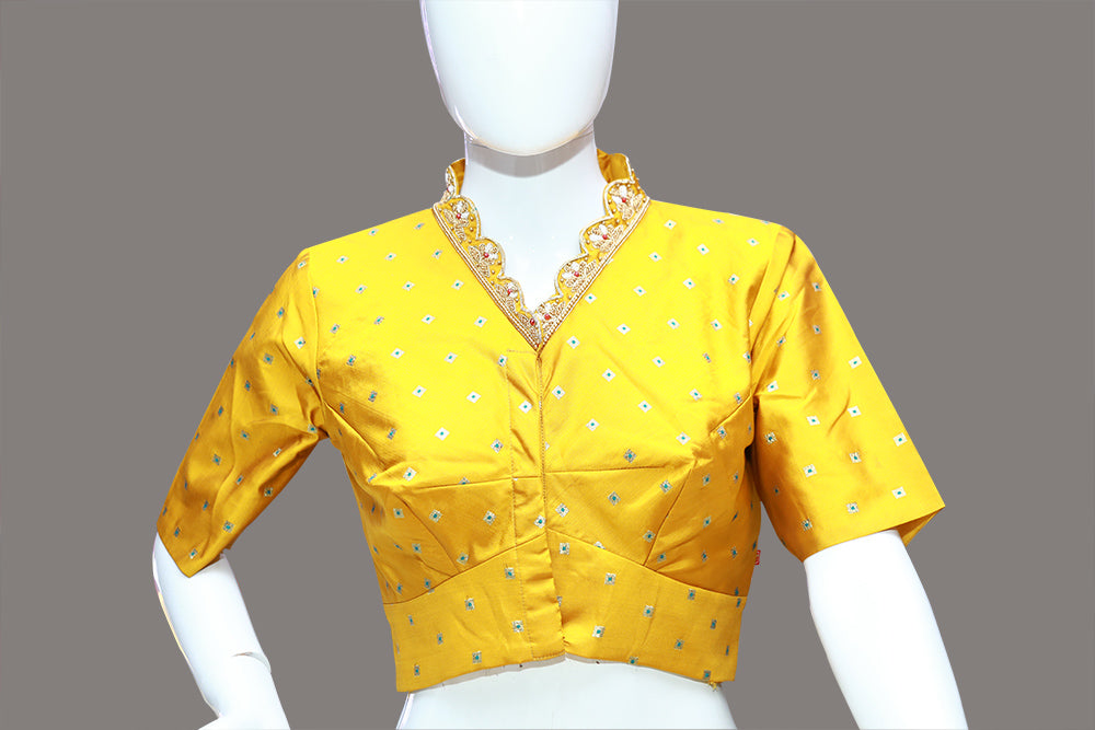 Half Circle High V Neck Yellow Maggam Work Blouse | S3MB54